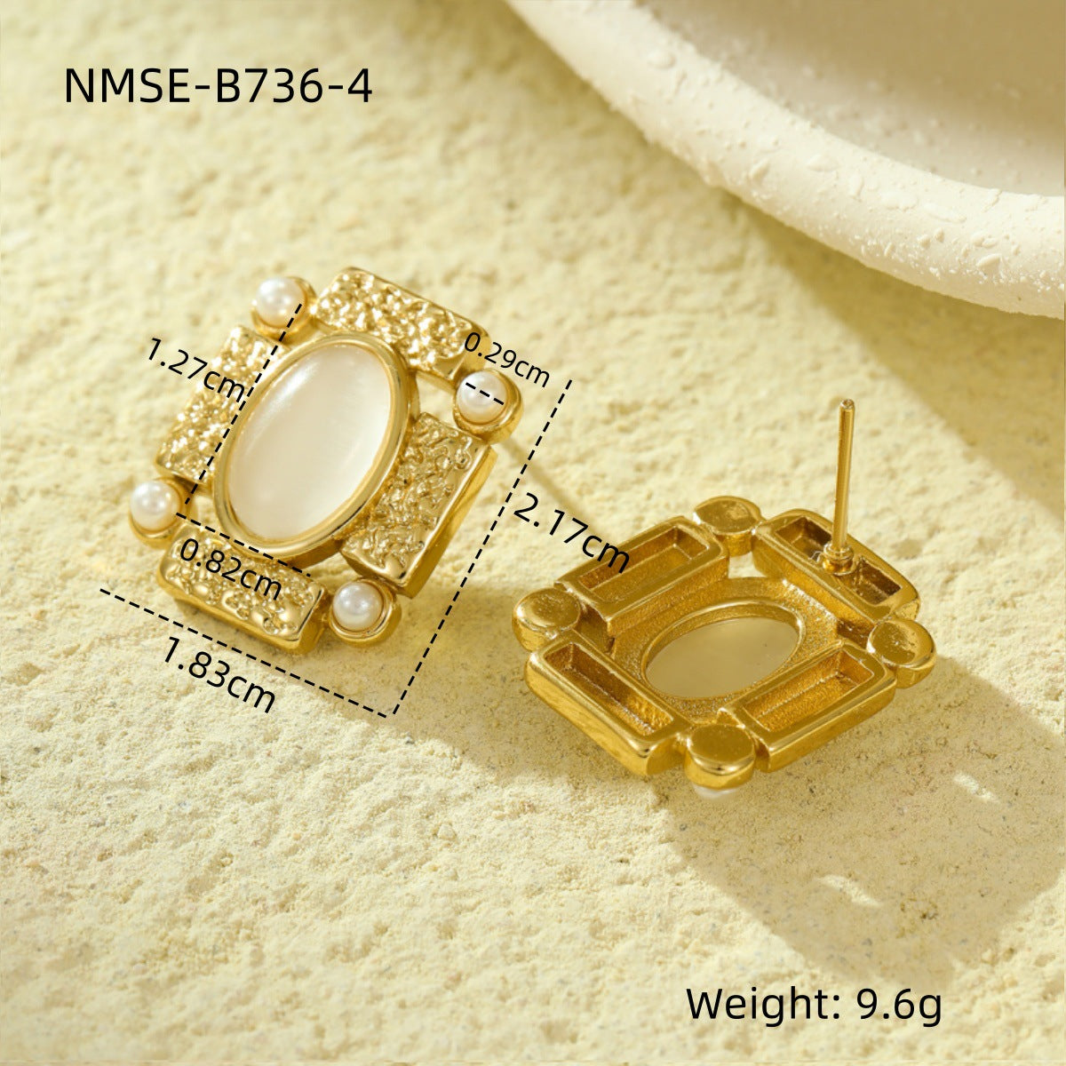 Pendientes de tuerca ovalados con perlas y textura cuadrada vintage para mujer, de piedra natural, de acero inoxidable con baño de oro