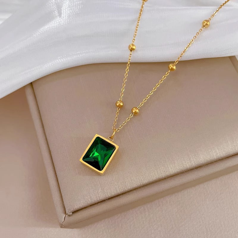 Minimalist Geometric Square Green Gemstone Titanium Steel Necklace with Gold Plating for Women and Men