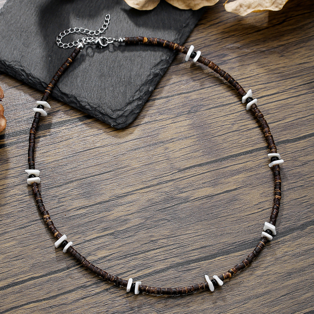 Hip-hop Bohemian Geometric Wood Shell Bead Stainless Steel Ball Chain Necklace for Unisex