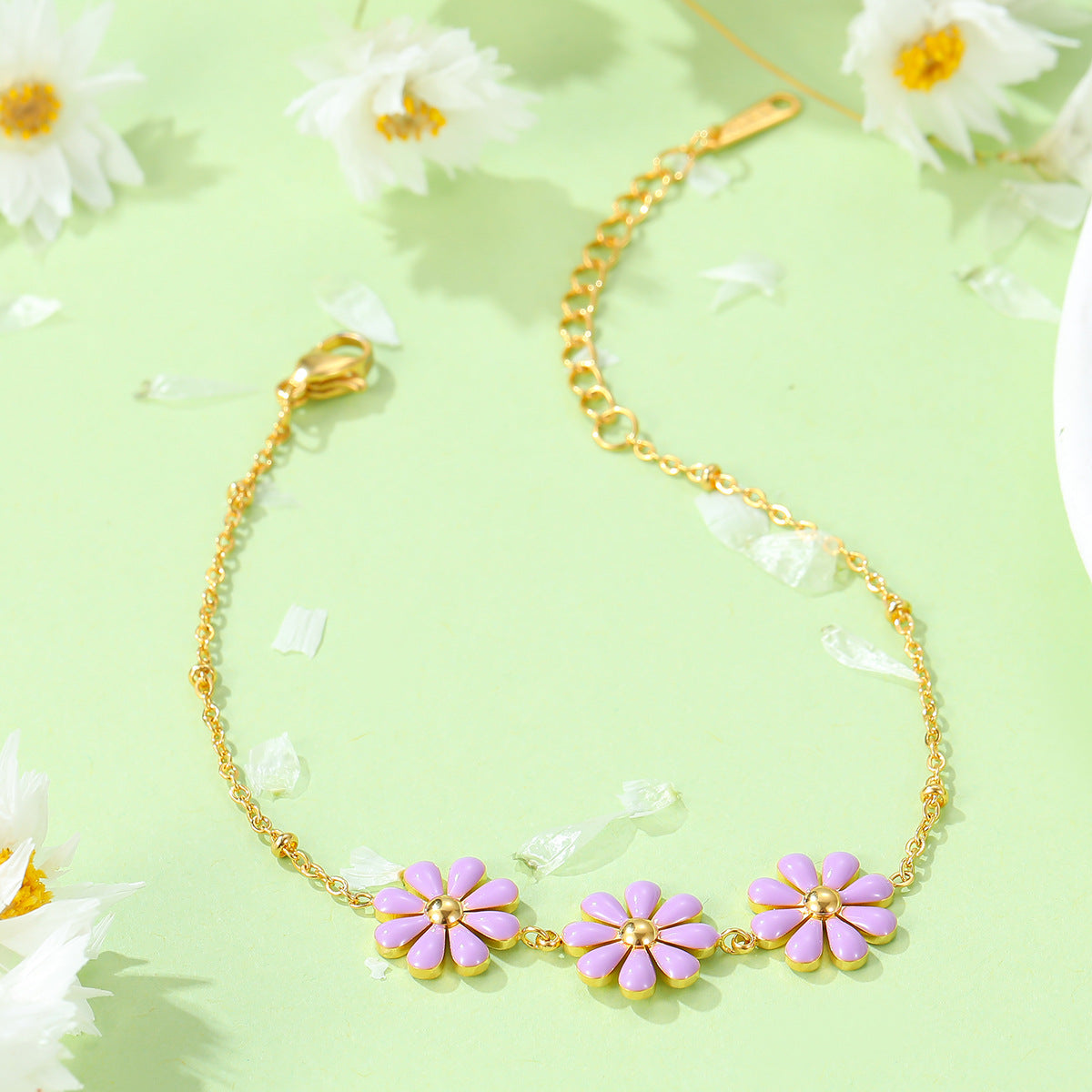 Sweet Minimalist 18K Gold Plated Titanium Steel Daisy Pearl Enamel Bracelet for Women