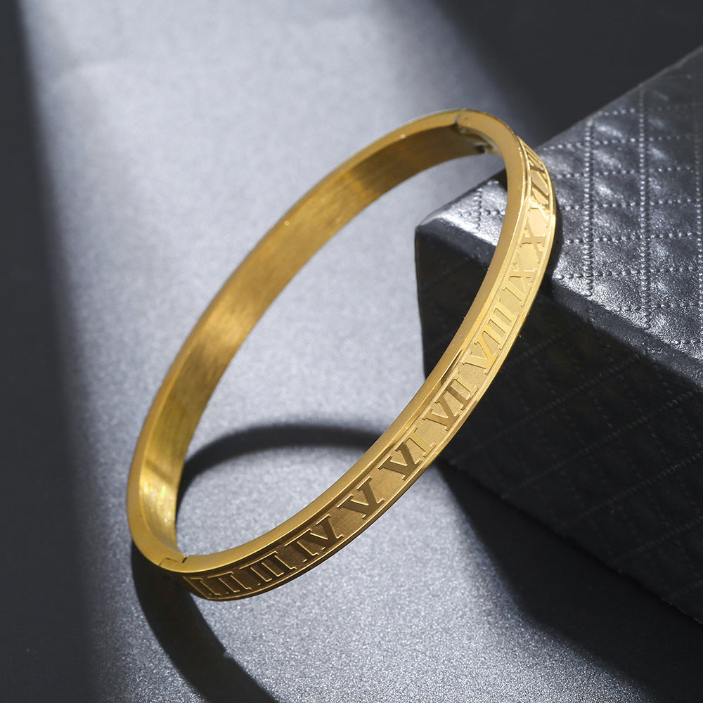Classic Geometric Letter Number Stainless Steel Plated Cuff Bracelet