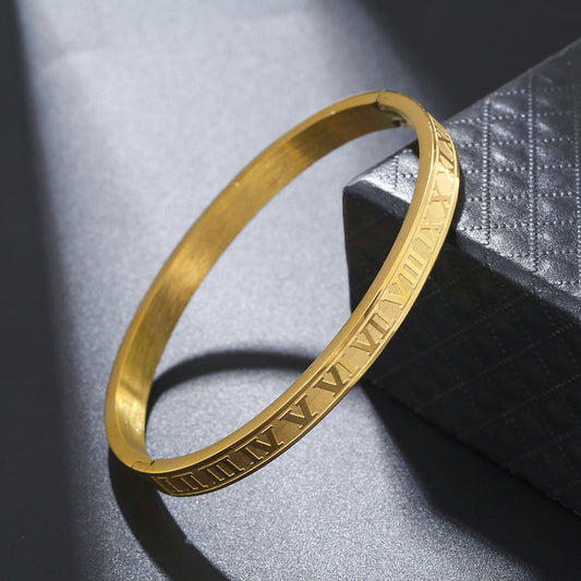 Classic Geometric Letter Number Stainless Steel Plated Cuff Bracelet