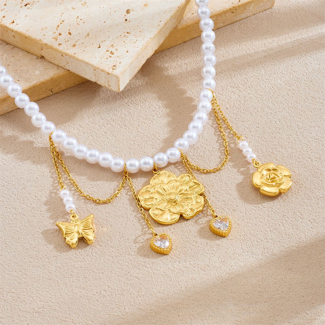 Vintage Elegant Gold Plated Stainless Steel Heart Star Moon Sun Floral Butterfly Rhinestone Pearl Tassel Necklace