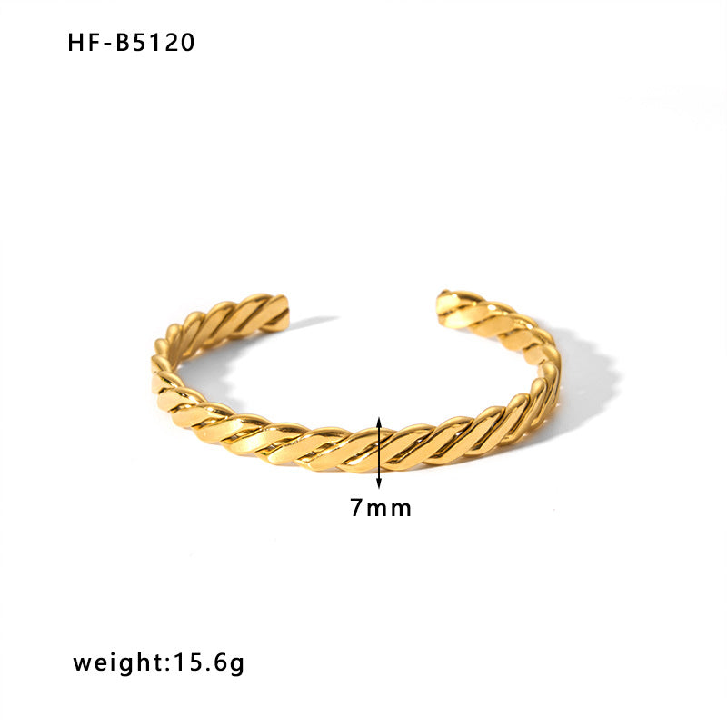 Minimalist Braided Open Bangle Bracelet in Stainless Steel with 18K Gold Plating for Women