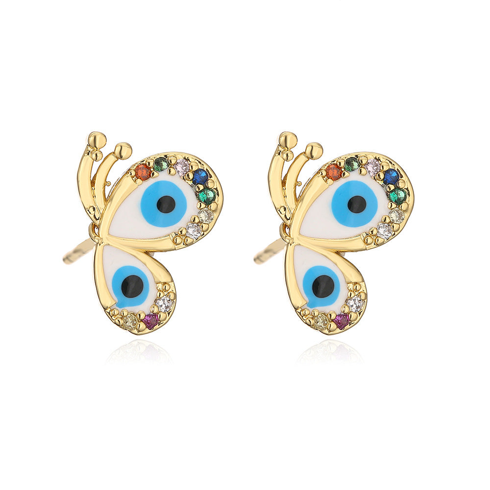 Geometric Eye-Shaped Enamel Zirconia Earrings for Women in Copper with 18K Gold Plating