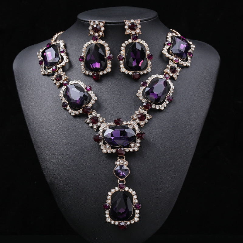 Exaggerated Vintage Alloy Necklace and Earring Set with Artificial Gemstone Inlay and Ruyi Lock Pendant for Women