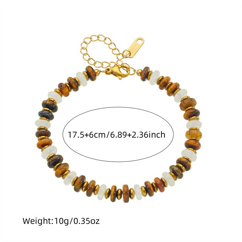 Vintage Resin Tiger Eye Agate Beaded Stainless Steel Plated Necklace and Bracelet Set for Women