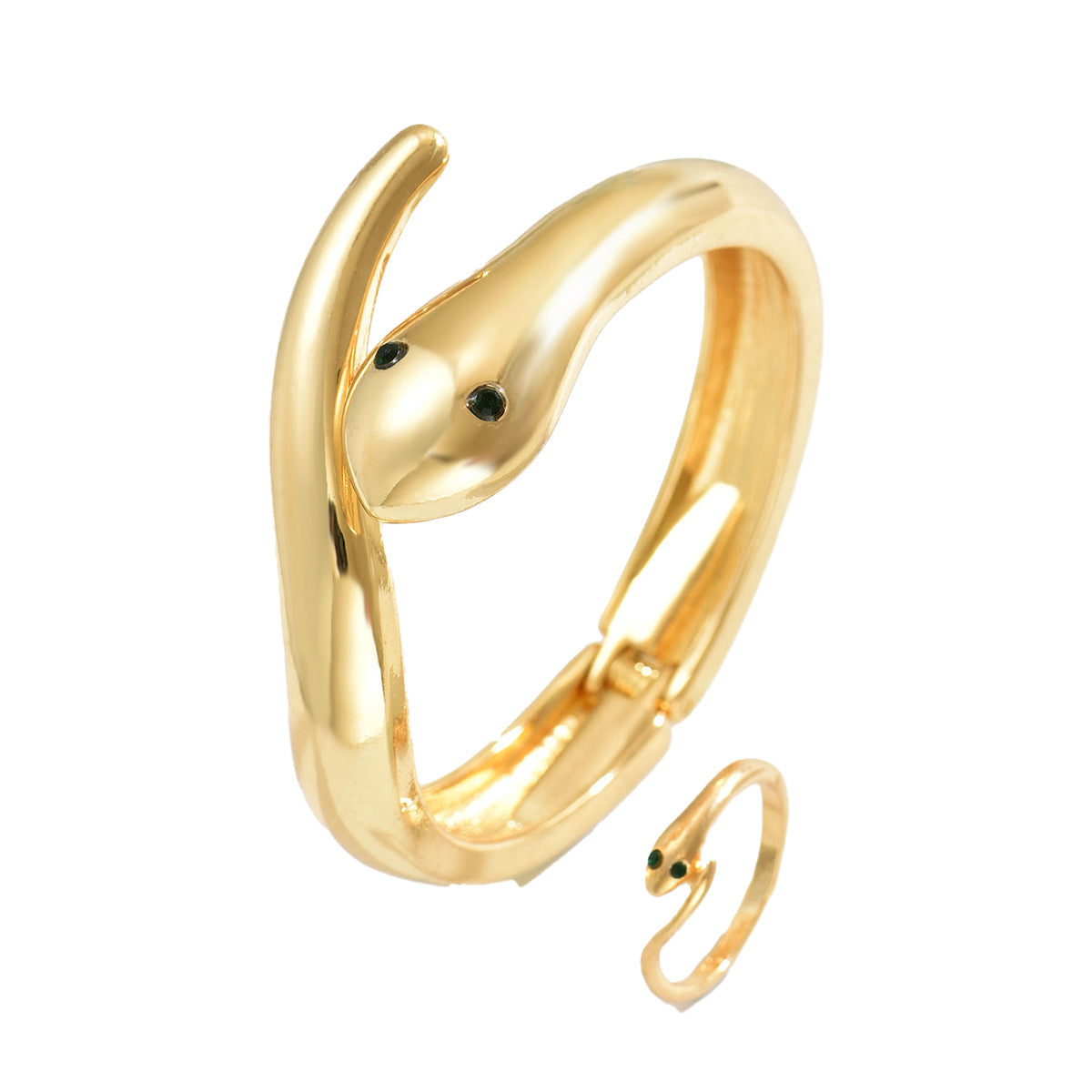 Set di bracciale e anello geometrici a forma di serpente intarsiati di strass, regolabili, da donna, in lega