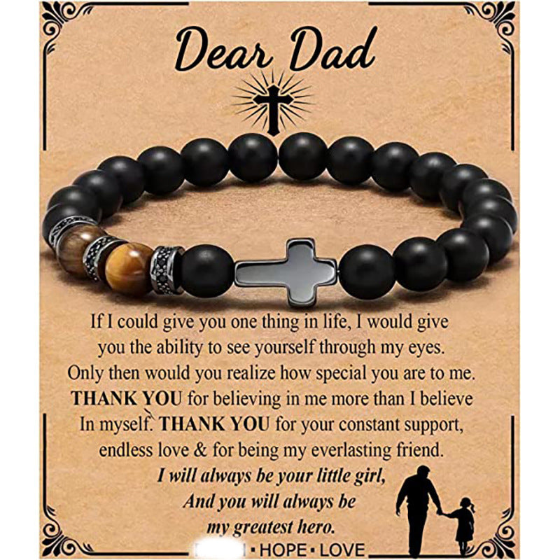 Minimalist Matte Black Beaded Bracelet with Small Cross Pendant Unisex Gift