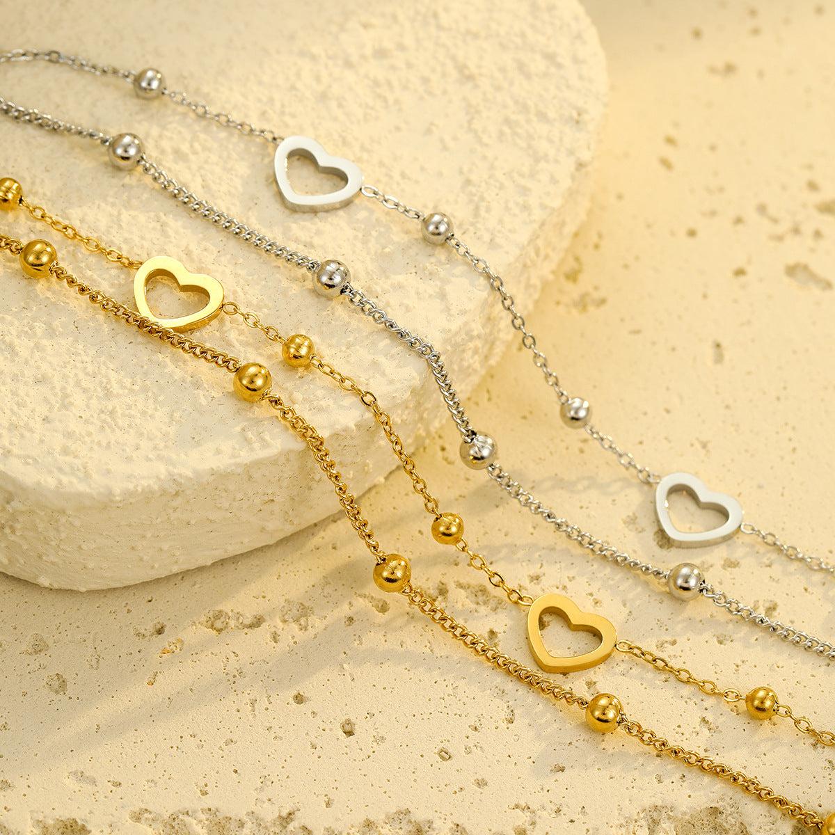 Fashionable Minimalist Double-Layer Heart-Shaped Stainless Steel Bracelet with 18K Gold Plating for Women, Hypoallergenic Valentine's Day Gift