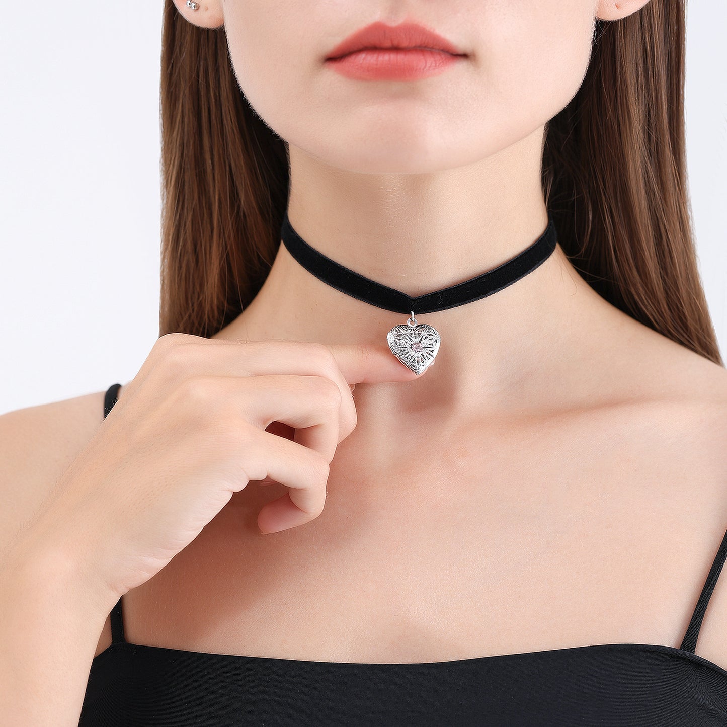 Minimalist Black Satin Ribbon Necklace with Openable Rhinestone Heart Pendant for Women