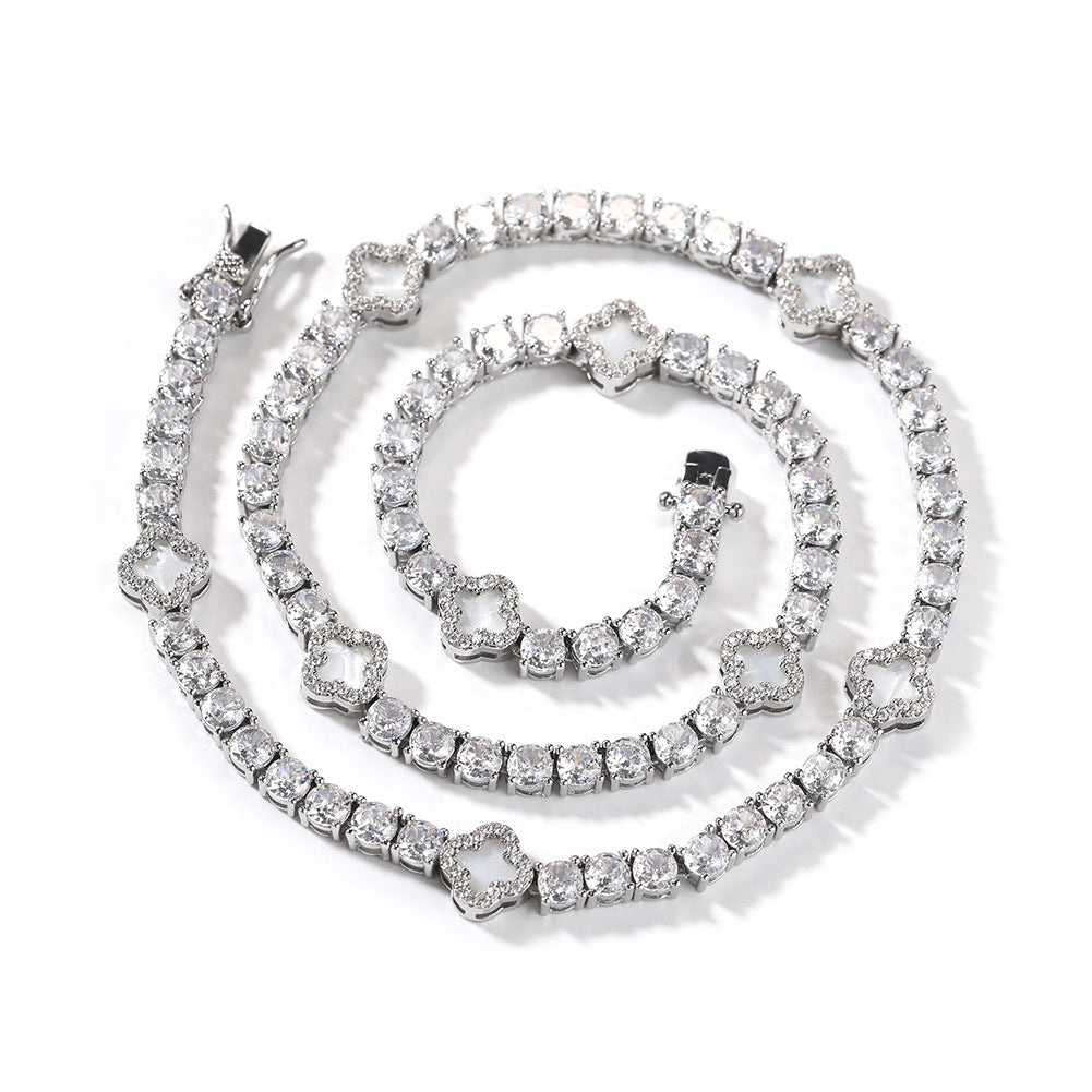 Four-Leaf Clover Rhinestone Inlay Brass Tennis Chain Necklace for Women