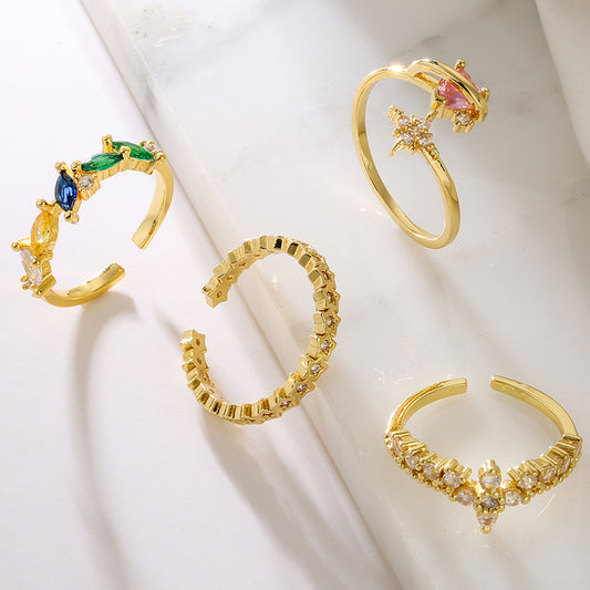 Minimalist Geometric Open Ring for Women Made of Brass with 18K Gold Plating and Zircon Inlay