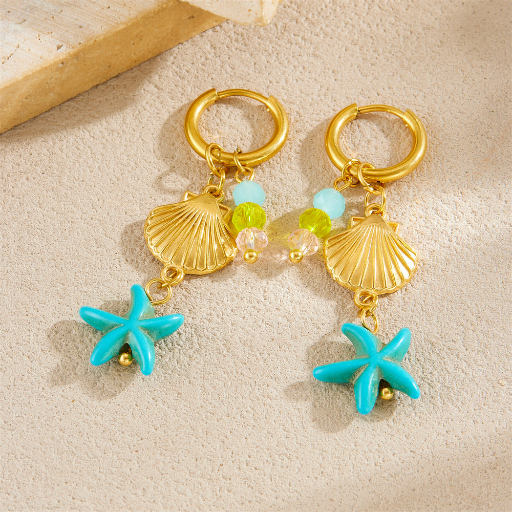 Casual Elegant Star Stainless Steel Plated Colorful Beaded Starfish Dangle Earrings for Women
