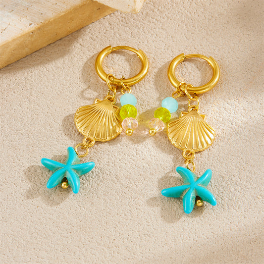 Casual Elegant Star Stainless Steel Plated Colorful Beaded Starfish Dangle Earrings for Women