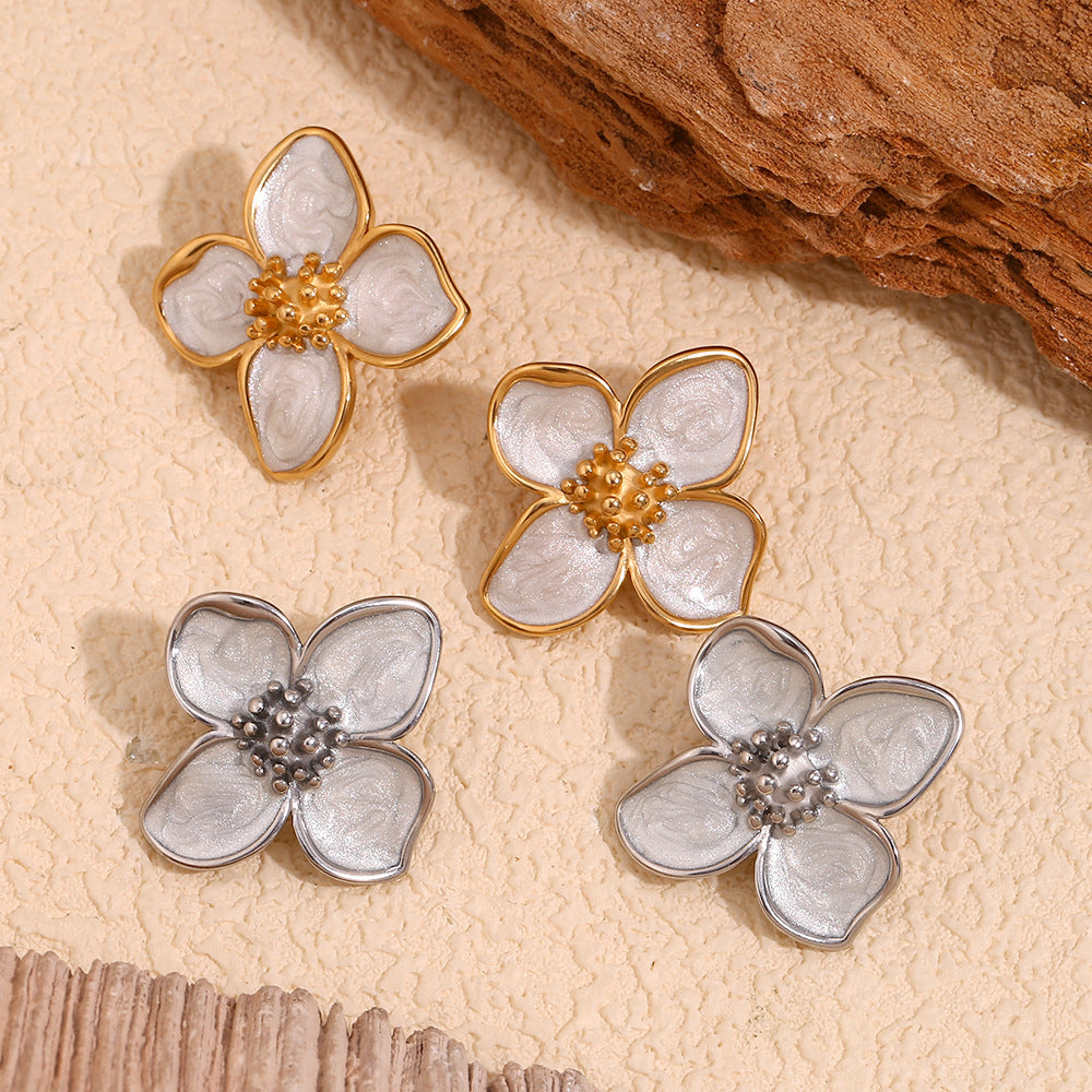 Vintage Floral Stainless Steel Earrings with 18K Gold Plating for Women