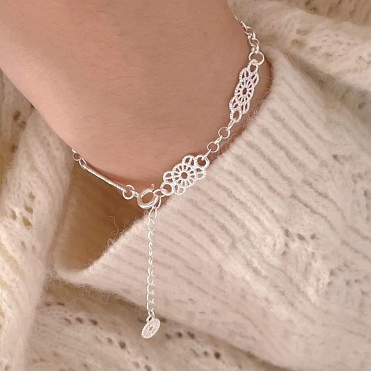 Bracciale in Argento Sterling 925 Placcato Dolce ed Elegante con Motivo Floreale in Pizzo da Donna