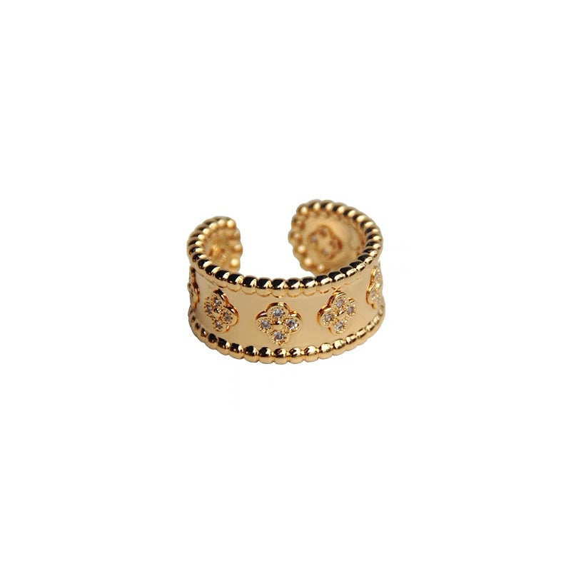 Anello da donna originale in rame a forma di quadrifoglio, placcato oro 18K con zirconi