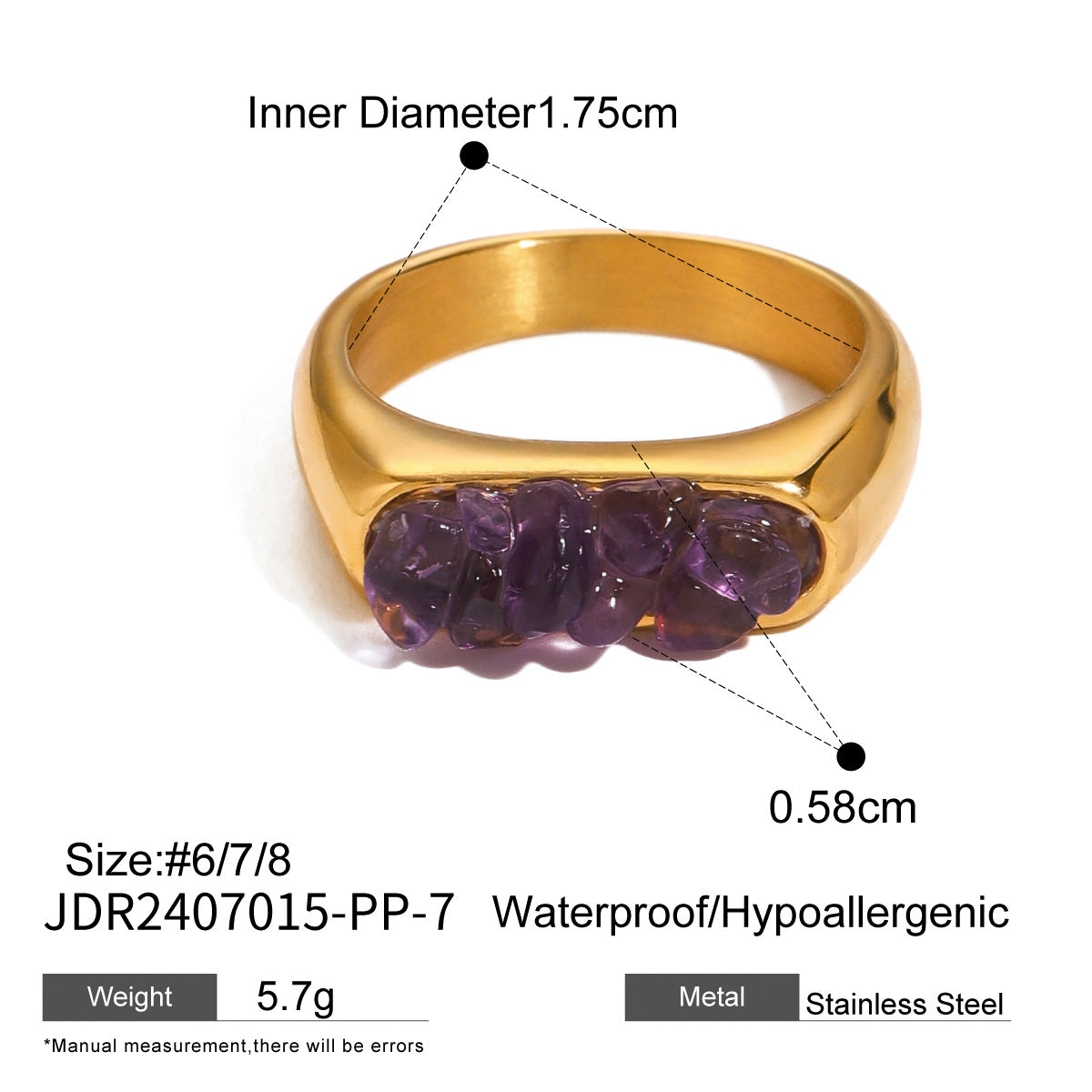 Square Plated Stainless Steel Ring with Natural Gemstone for Women