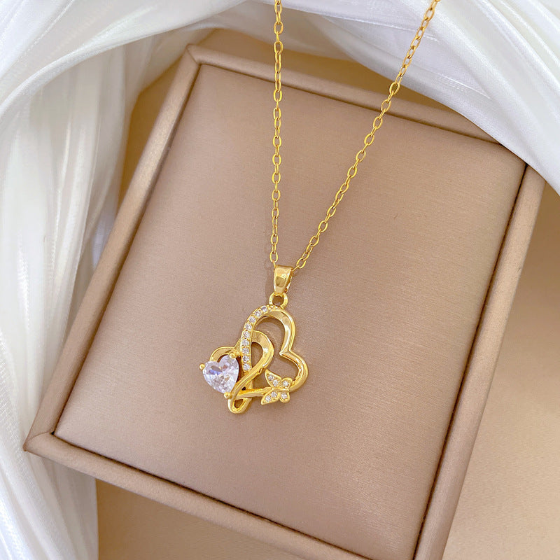 Collana con Ciondolo a Cuore a Fiocco Dolce e Fresco da Donna in Acciaio Inossidabile Minimalista con Strass Intarsiato