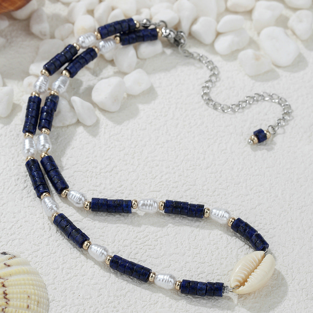 Collana bohémien geometrica con perline di lapislazzuli e accenti di perle imitation su catena a O in acciaio inossidabile per donna e uomo