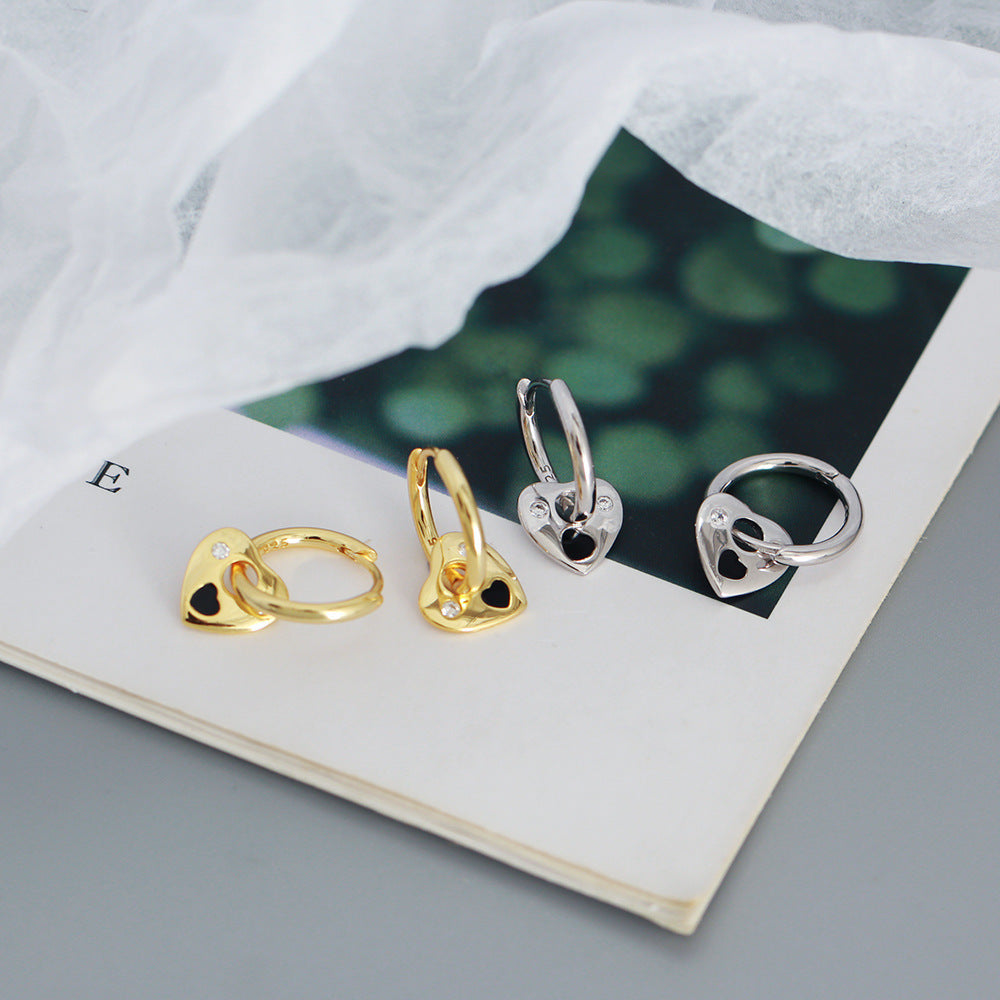 Minimalist Heart-Shaped 925 Sterling Silver Rhinestone Stud Earrings with Enamel Finish