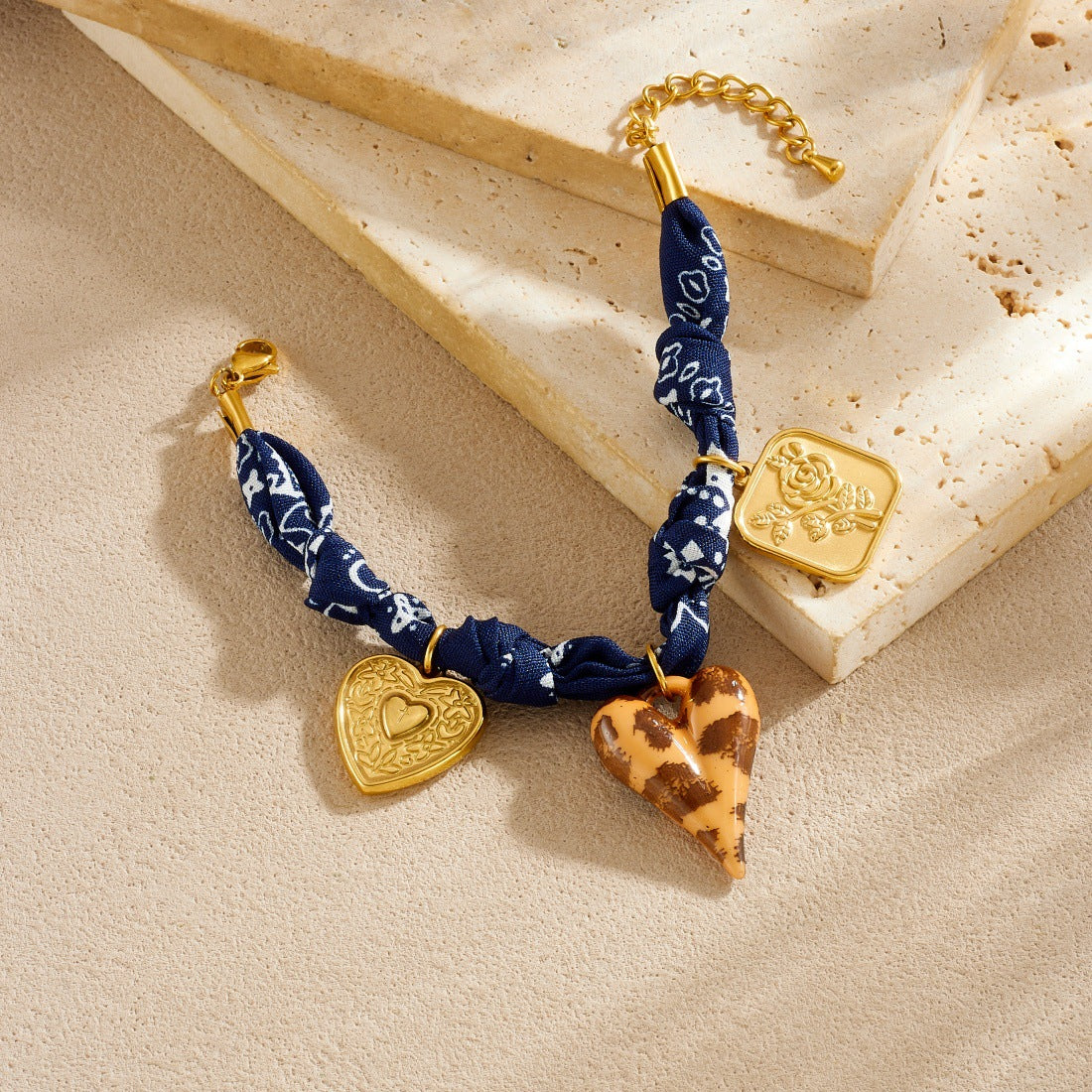 Vintage Luxury Heart Square Plated Stainless Steel Bracelet with Deep Blue Floral and Leopard Print Fabric Rope