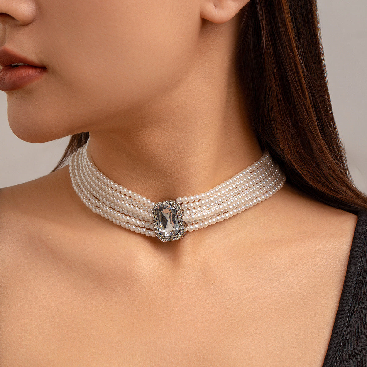 Vintage Elegant Geometric Alloy Necklace with Faux Pearl and Rhinestone Inlay, Multi-Layer Plated Chain for Women