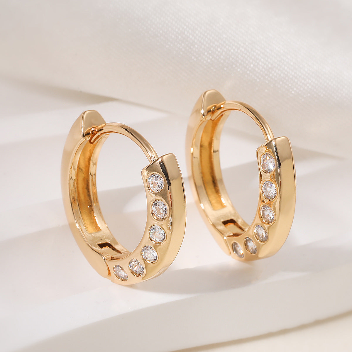 Minimalist 18K Gold Plated Brass Geometric Hoop Earrings with Cubic Zirconia for Women