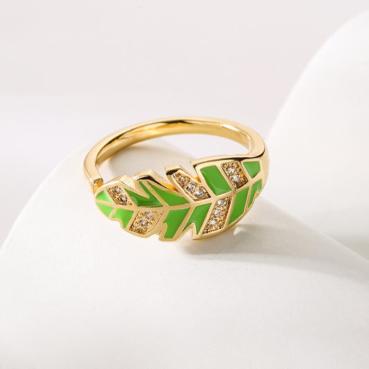 Minimalist Geometric Leaf-Shaped Copper Ring with Gold Plating and Zircon Inlay for Women
