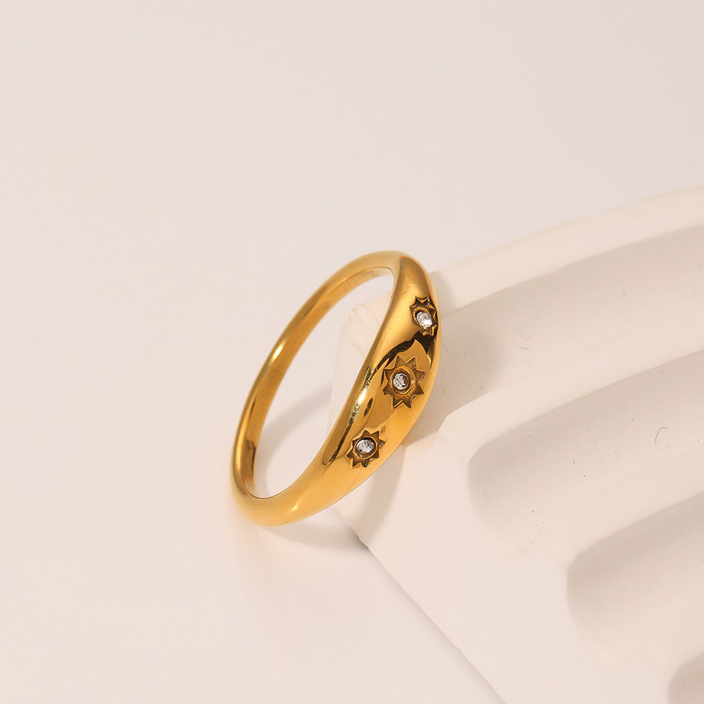 Vintage French Round Geometric Ring 18K Gold Plated Titanium Steel White Zircon Inlay Women