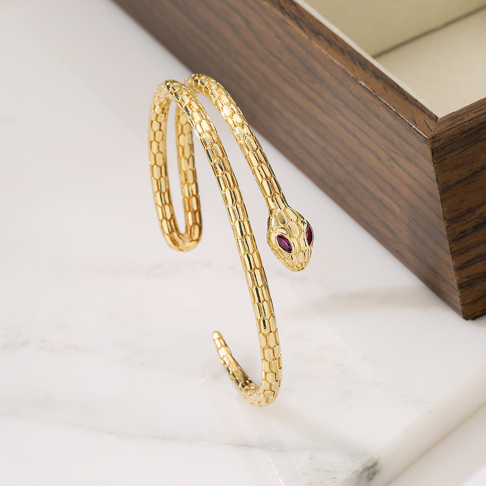 Minimalist Snake-Shaped Copper Bracelet with Real Gold Plating and Zircon Inlay for Women