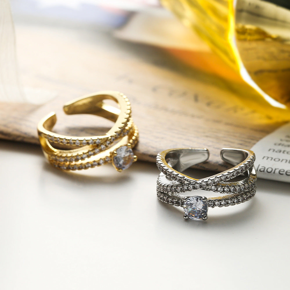 Minimalist Geometric Open Ring for Women Made of Brass with Real Gold Plating and Zircon Inlay