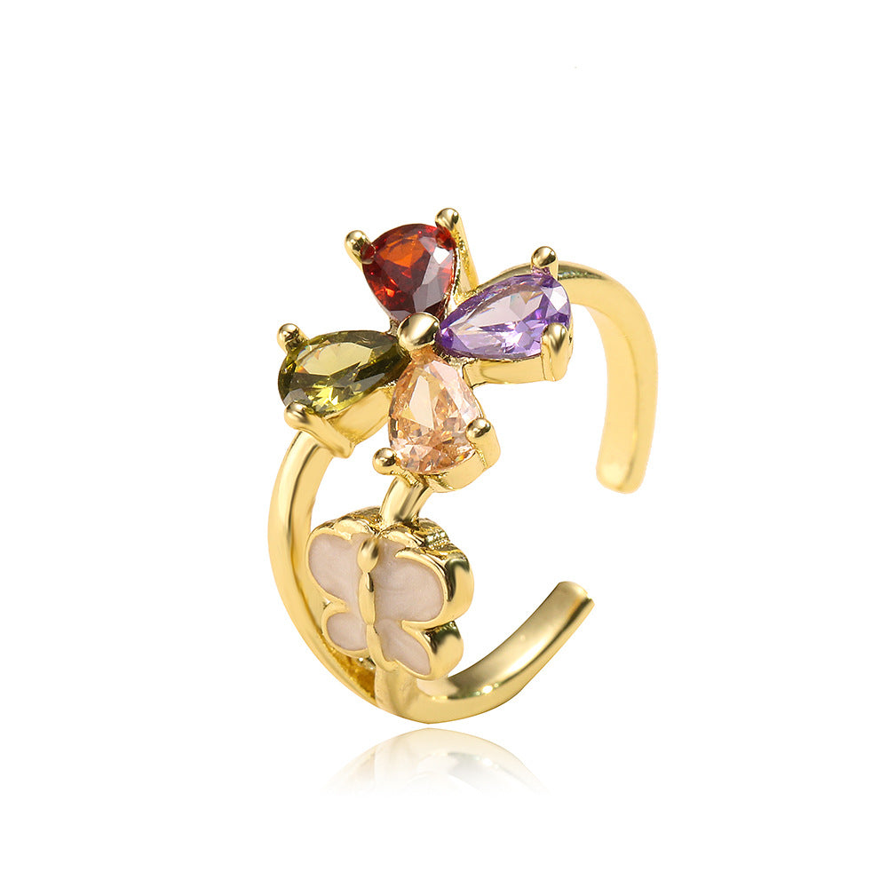Minimalist Floral Geometric Copper Ring with 18K Gold Plating and Zircon Inlay for Women