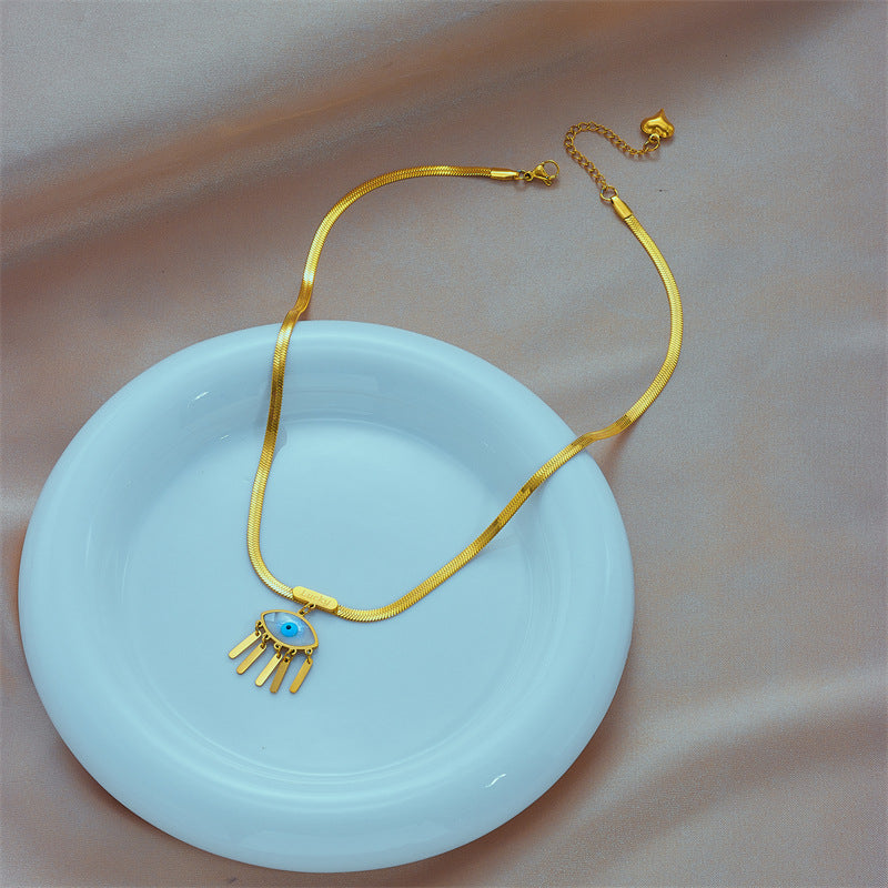 Vintage U-Shaped Snake Chain Necklace in Titanium Steel with Blue Eye Pendant and Fringe Detail