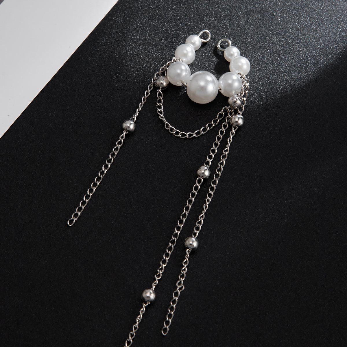 Minimalist Geometric Brass Plated Pearl Tassel C-Shaped Ear Cuff with Long Cable Chain for Women