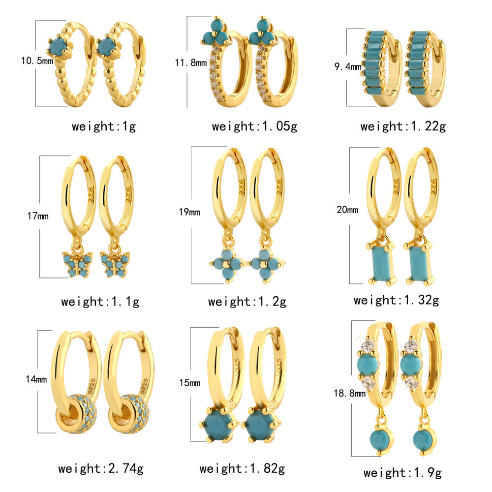 Aretes de aro de lujo para mujer de plata de ley 925, con diseño geométrico floral de mariposa en forma de lágrima y turquesa azul