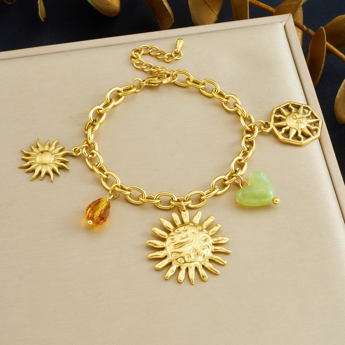 Fashion Elegant Floral Heart Geometric Stainless Steel Plated Pendant Necklace and Bracelet Set with Beaded Sunflower Design for Women