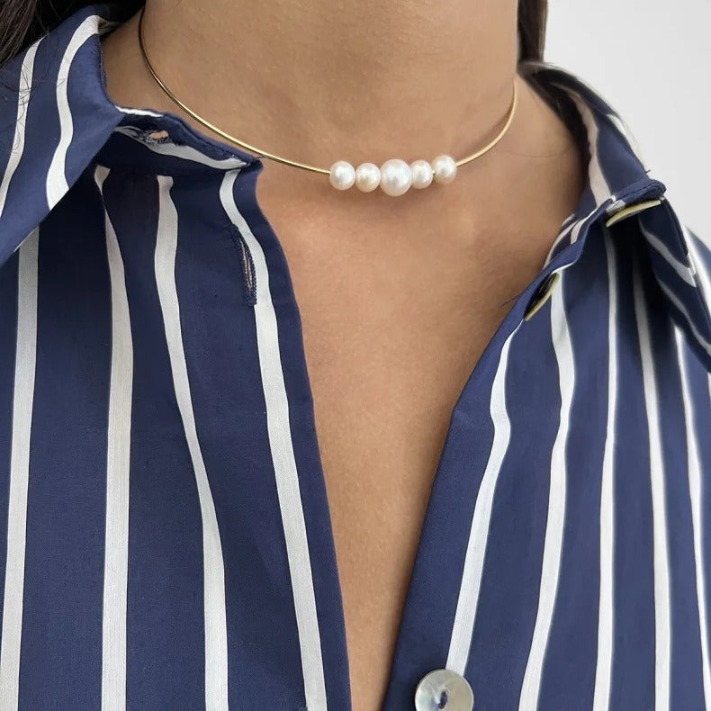 Collana girocollo con pendente a conchiglia e perla in acciaio inossidabile placcato oro 18 carati, stile vintage francese elegante da donna