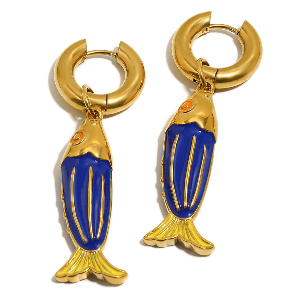 Colorful Drip Oil Plated 18K Gold Stainless Steel Fish Earrings for Women