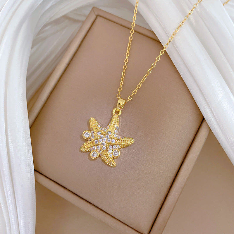 Cartoon Style Starfish-Shaped Titanium Steel Necklace with Rhinestone Inlay for Women and Men, Delicate Clavicle Chain