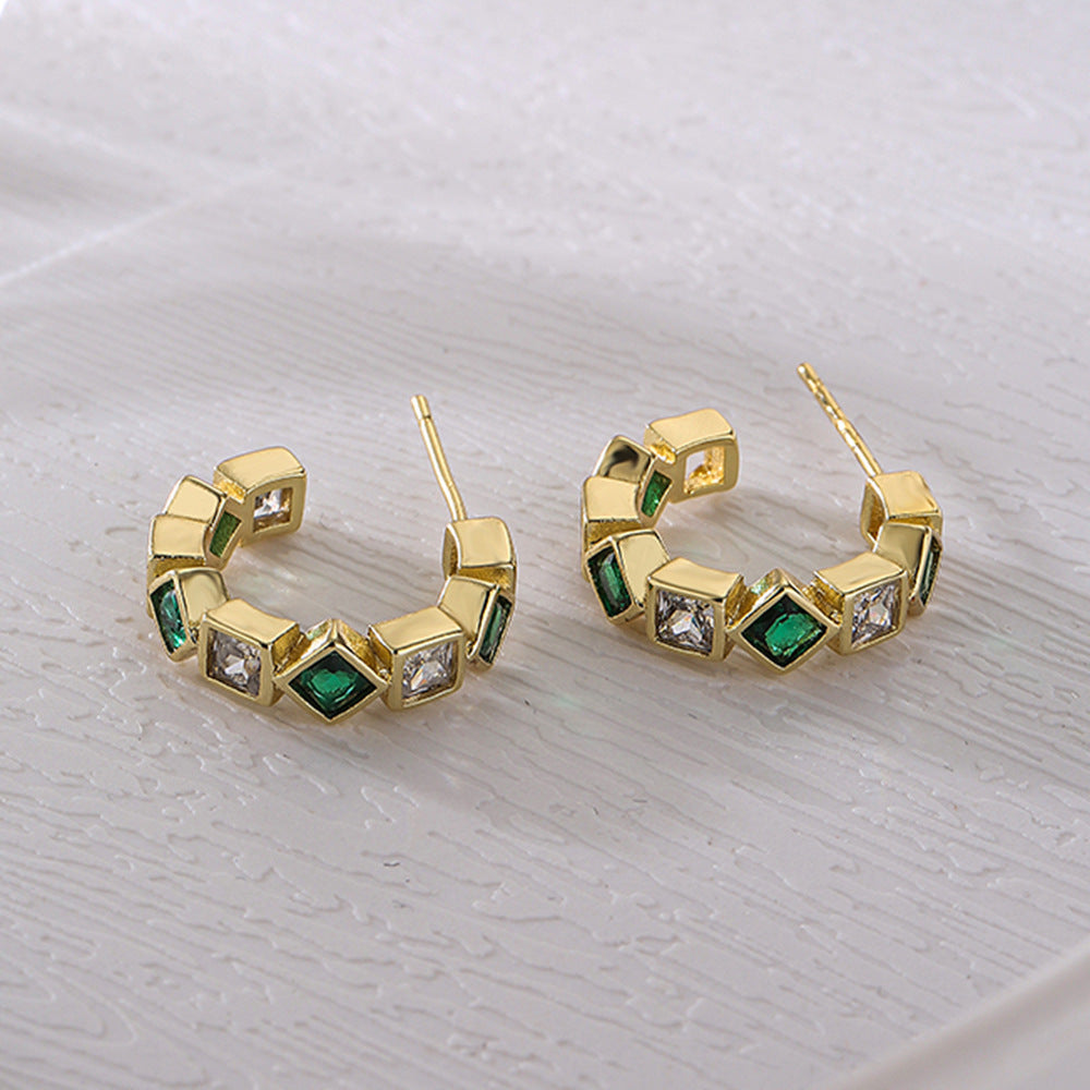 Geometric Earrings for Women in Copper with 18K Gold Plating and Green Zirconia, Fashion-Forward Minimalist Design