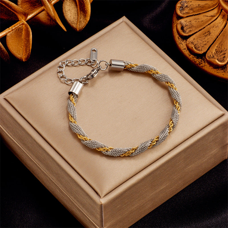 Minimalist Titanium Steel Twisted Dual-Tone Hollow Circle Bracelet for Men and Women