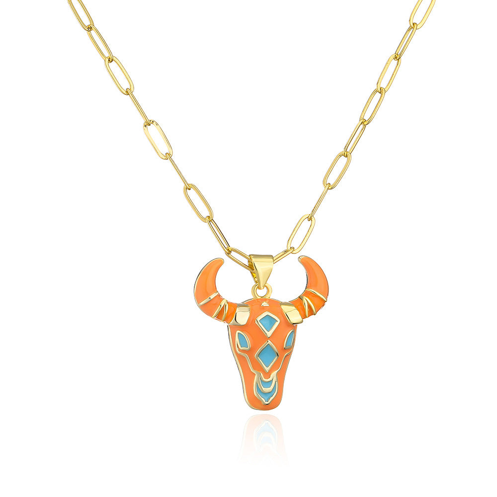 Minimalist Bull Pendant Necklace for Women in Copper with 18K Gold Plating and Enamel Finish