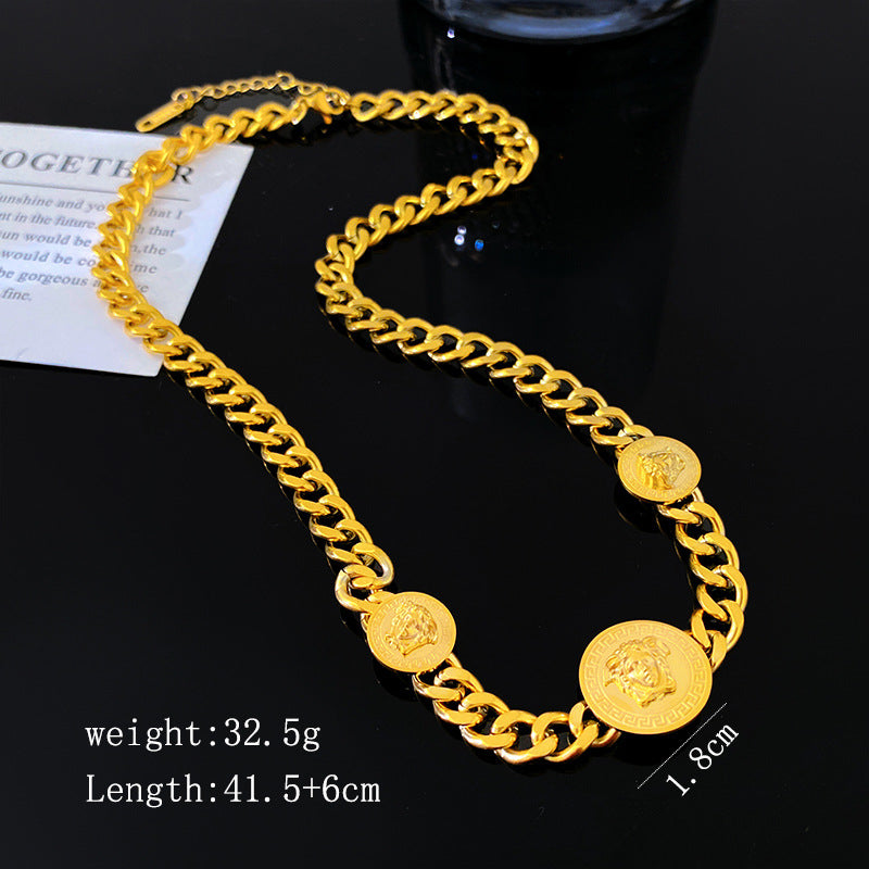 Vintage Streetwear Titanium Steel Plated Geometric Medusa Head Cuban Link Chain Necklace for Unisex