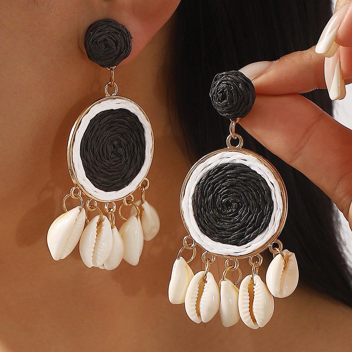 Pendientes de aleación con diseño geométrico y rafia de estilo dulce con detalles de conchas para mujer, joyería para vacaciones de verano
