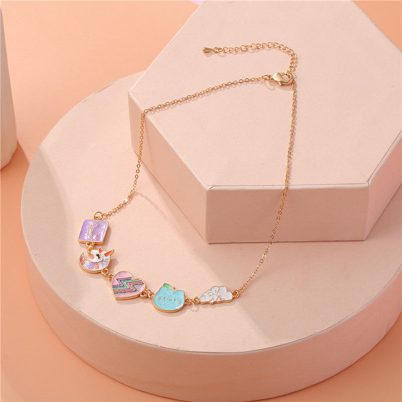 Cartoon Style Cloud and Unicorn Pendant Necklace for Kids Made of Alloy with Enamel Finish on Cross Chain