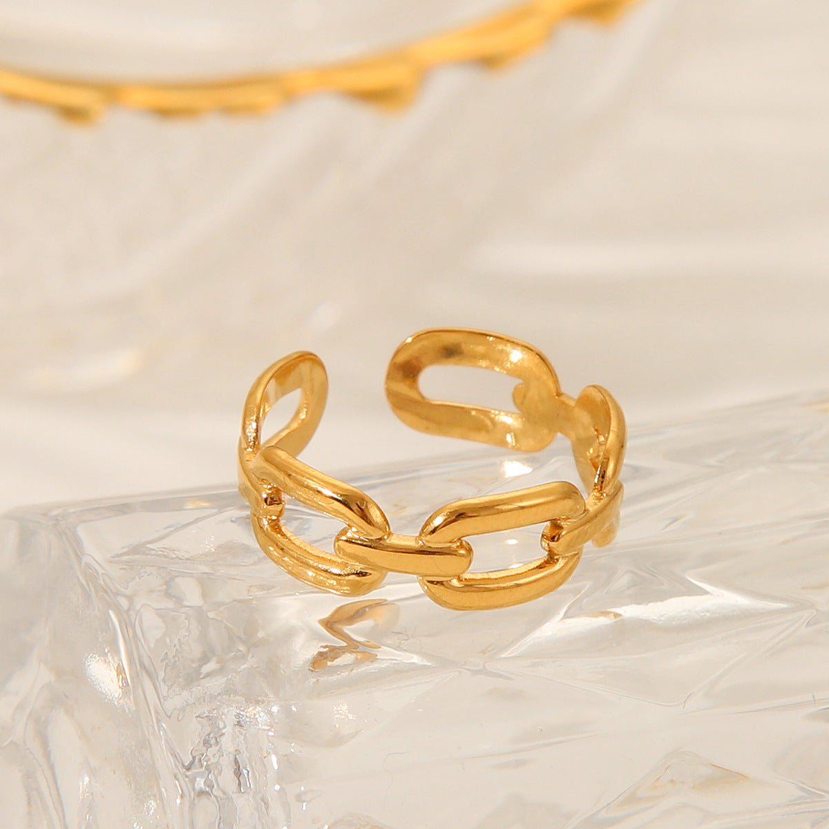 Anello Aperto Geometrico di Tendenza con Dettaglio a Catena Gioielli da Donna in Acciaio Inossidabile Placcato Oro 18K
