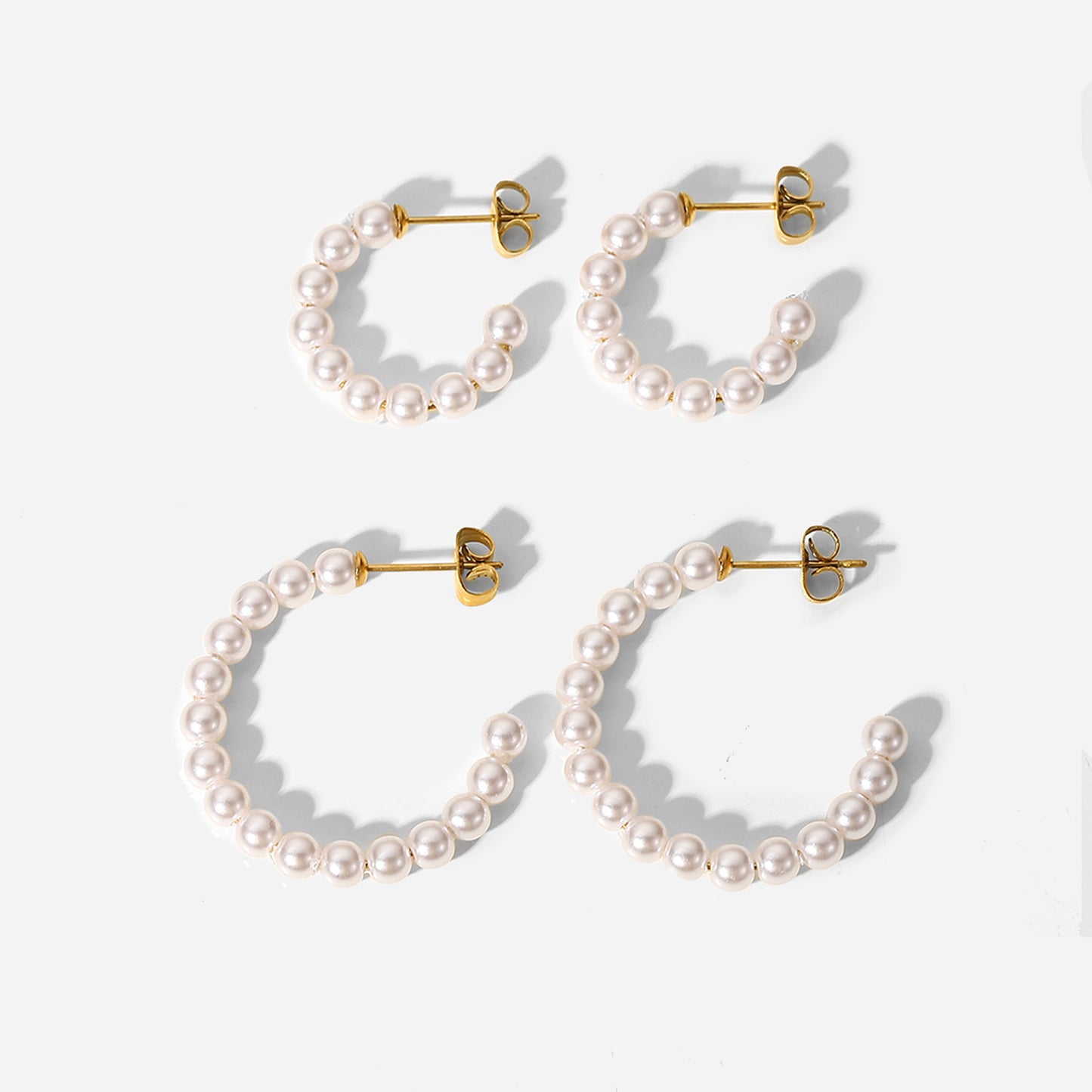 Elegant French-Style Minimalist Stainless Steel Stud Earrings with 18K Gold Plating and Geometric C-Shaped Pearl Accents for Women