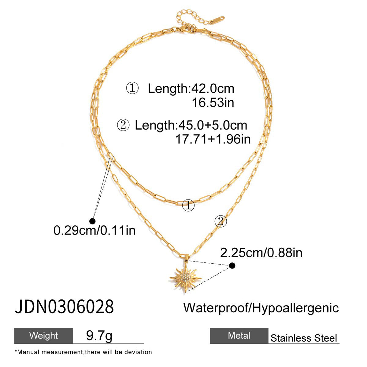 Collana con Pendente Geometrico a Forma di Sole in Acciaio al Titanio con Intarsi di Strass e Finitura Placcata per Donna
